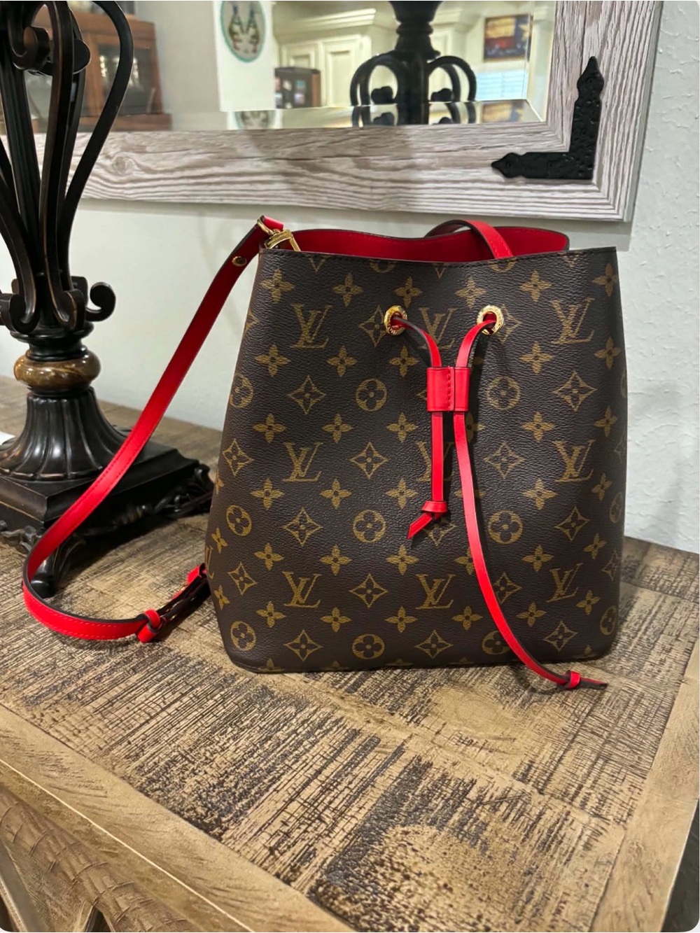 Louis Vuitton Monogram Drawstring Crossbody with Red Trim